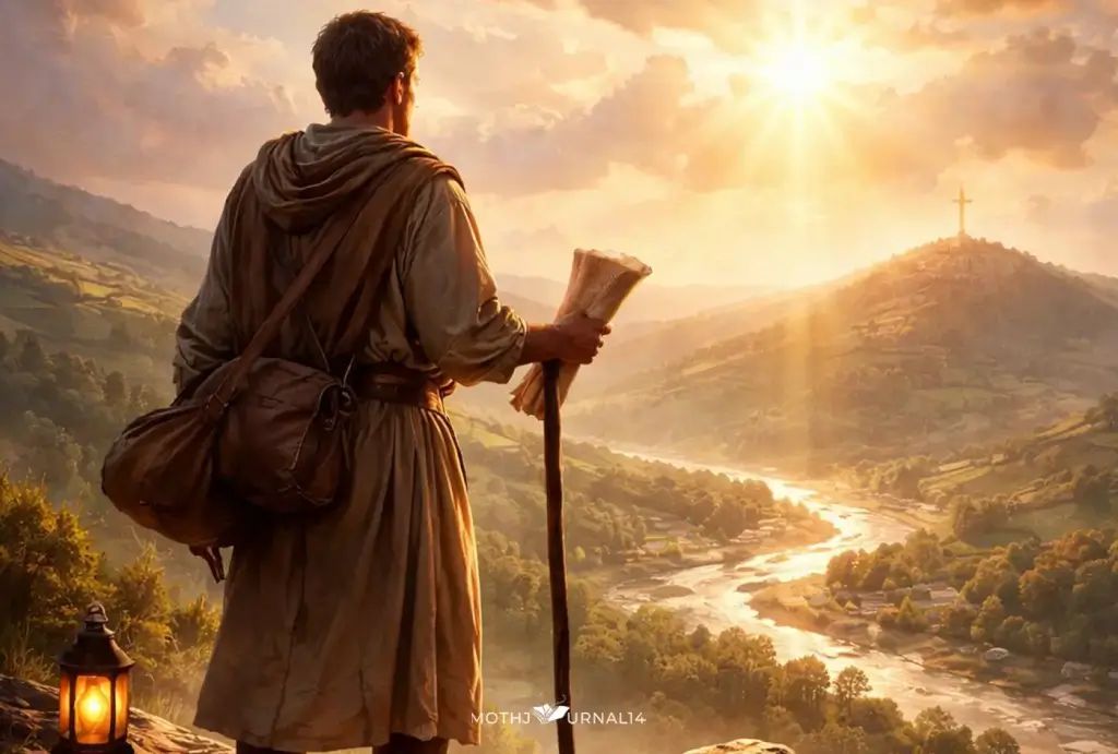 Image of a man with a satchel over his shoulder, holding a walking stick and rolled parchment, with a lighted lamp at his feet. Image from https://bible.art/p/rqgDFhe2UipkJZdFwMZz/2-timothy-4-5