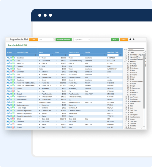 La pantalla de un ordenador muestra una interfaz de software en la que aparece una tabla denominada Ingredientes Lote, con una lista de nombres de ingredientes, proveedores, precios unitarios, ubicaciones y códigos, con opciones de filtro y menú en la parte superior, todo ello organizado con una estructura de datos flexible.