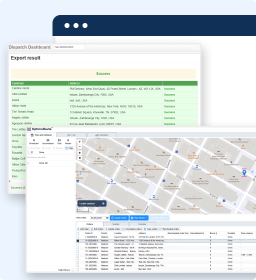 A screenshot showing a dispatch dashboard with a list of deliveries and statuses, overlaid with a map and route planning interface—highlighting how a routing manager uses the OptimoRoute API to optimize locations and addresses.