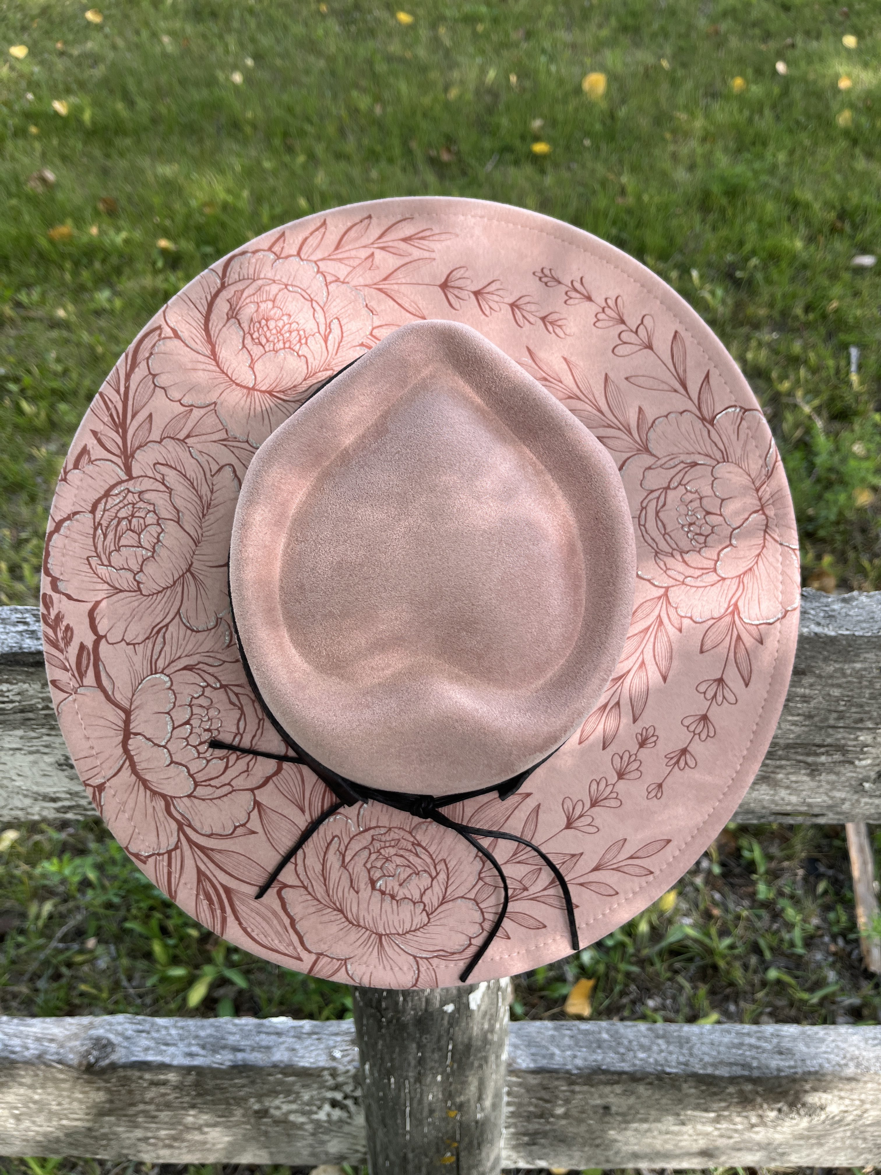 Engraved Wide Flat Brim Hat (Peony Paradise) Soft Pink