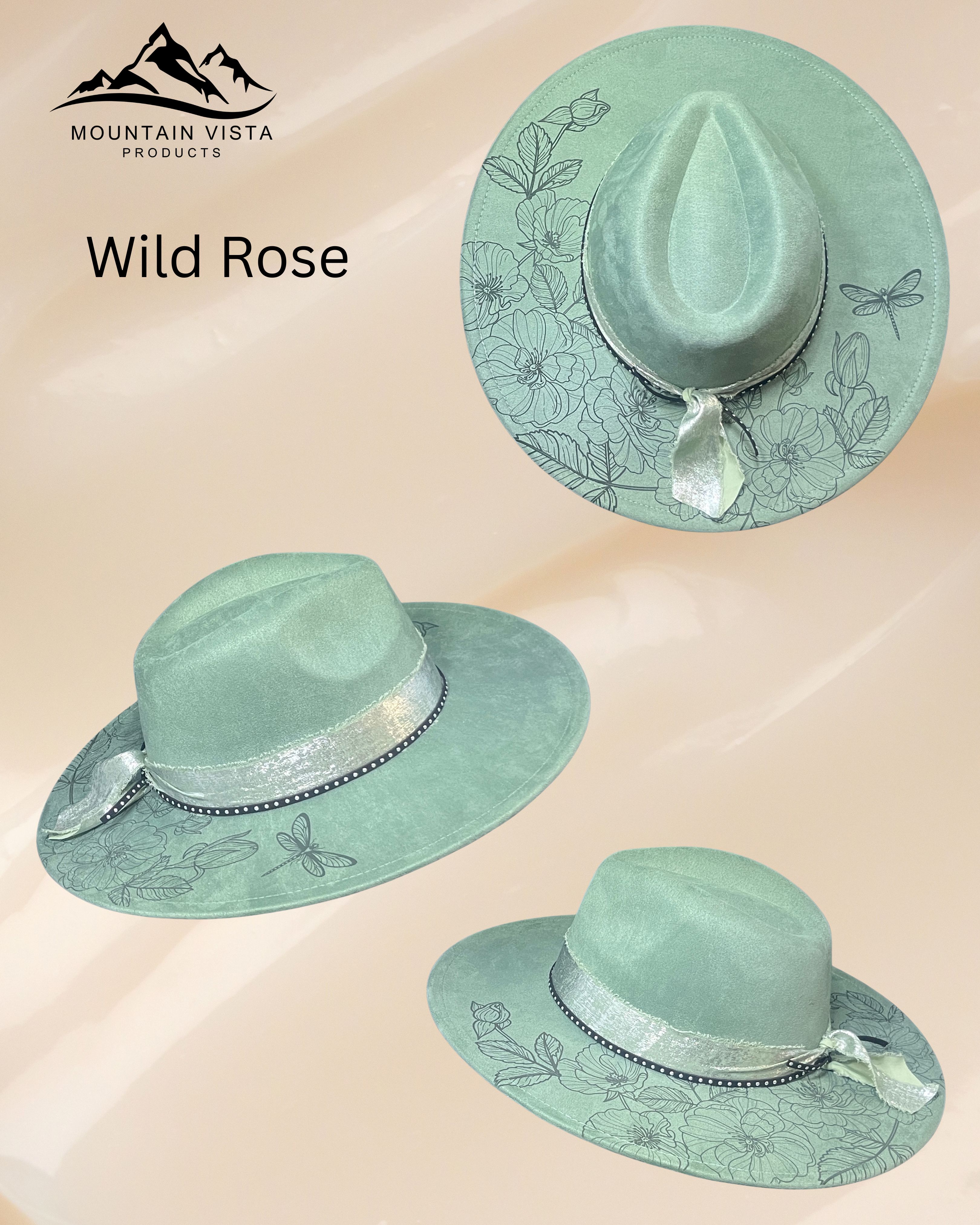 Engraved Wide Flat Brim Hat (Wild Rose)