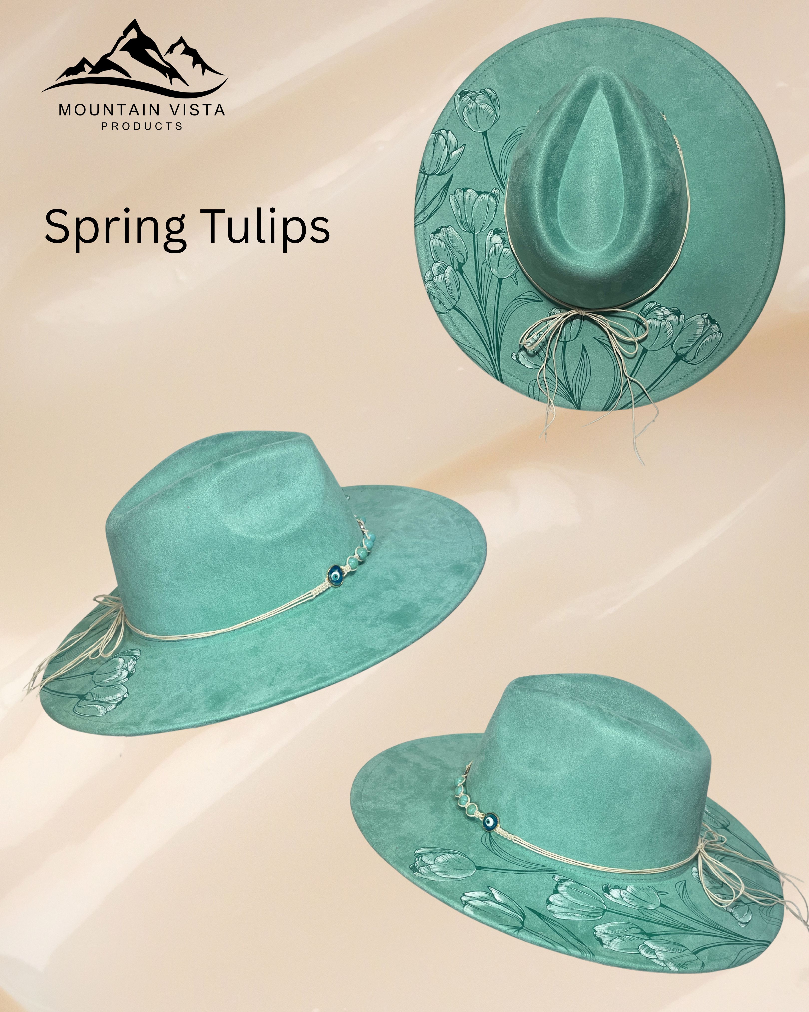 Engraved Wide Flat Brim Hat (Spring Tulips)