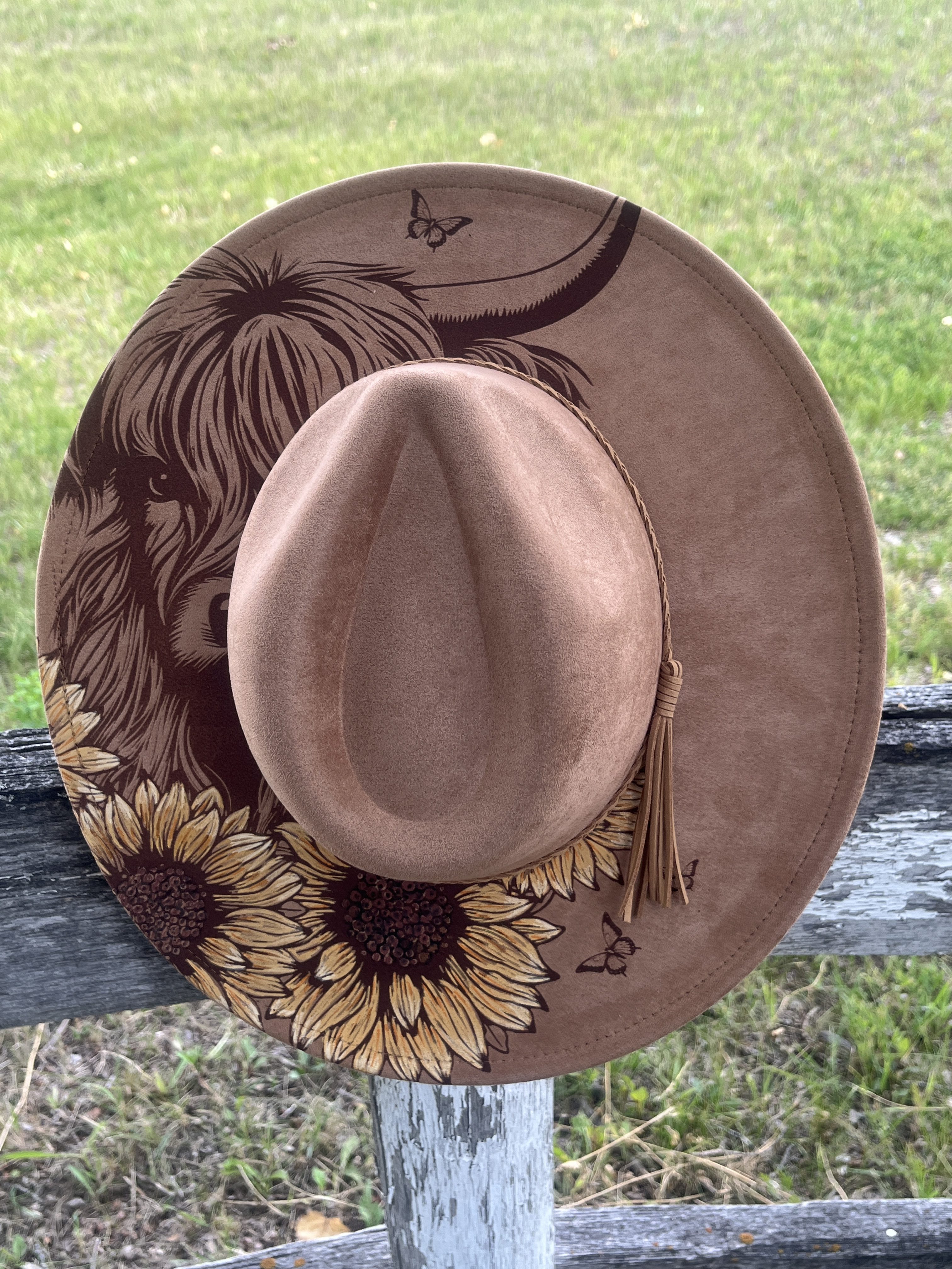 Engraved Wide Flat Brim Hat (Highland Cow and Sunflowers) Camel