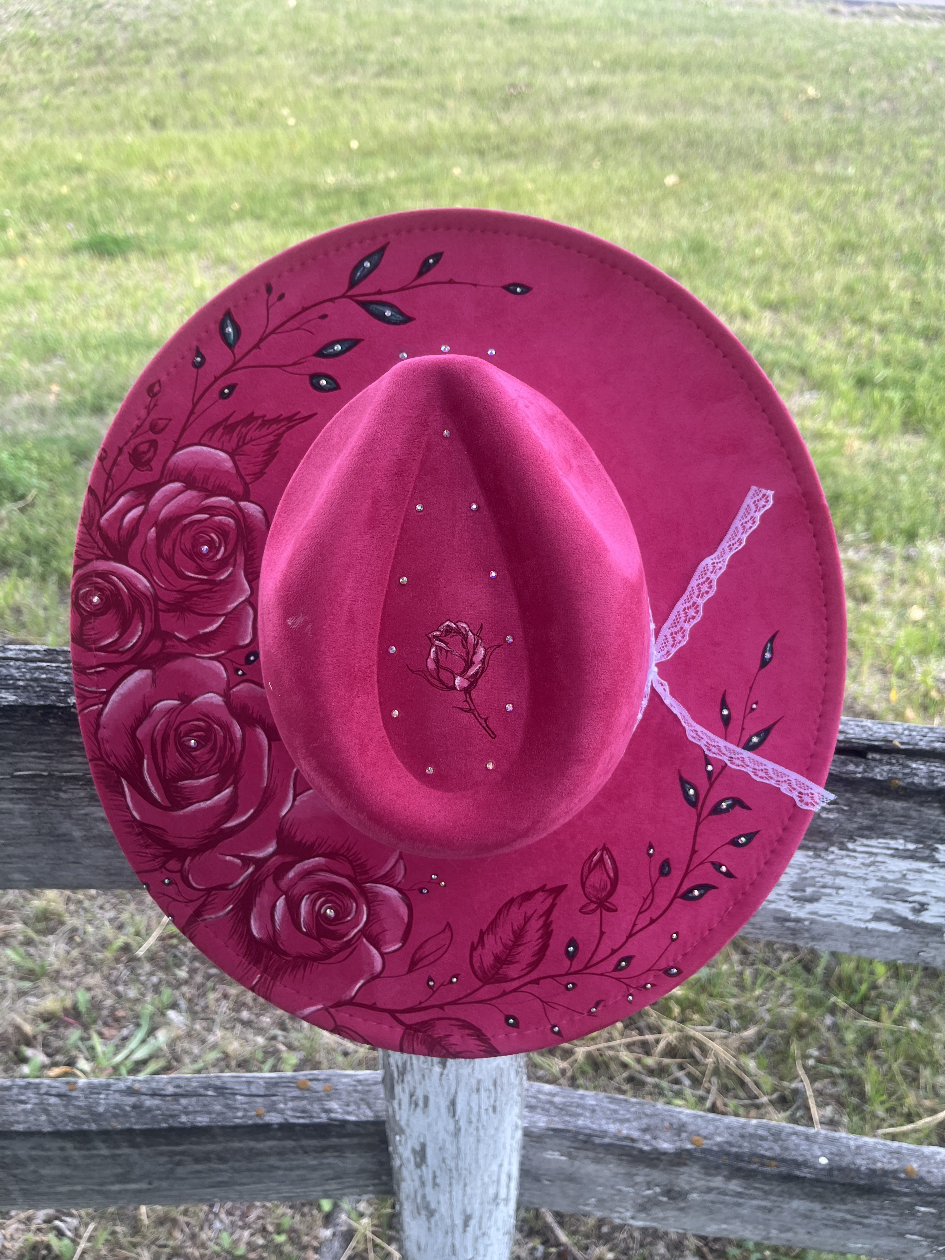 Engraved Wide Flat Brim Hat (Roses in Bloom)
