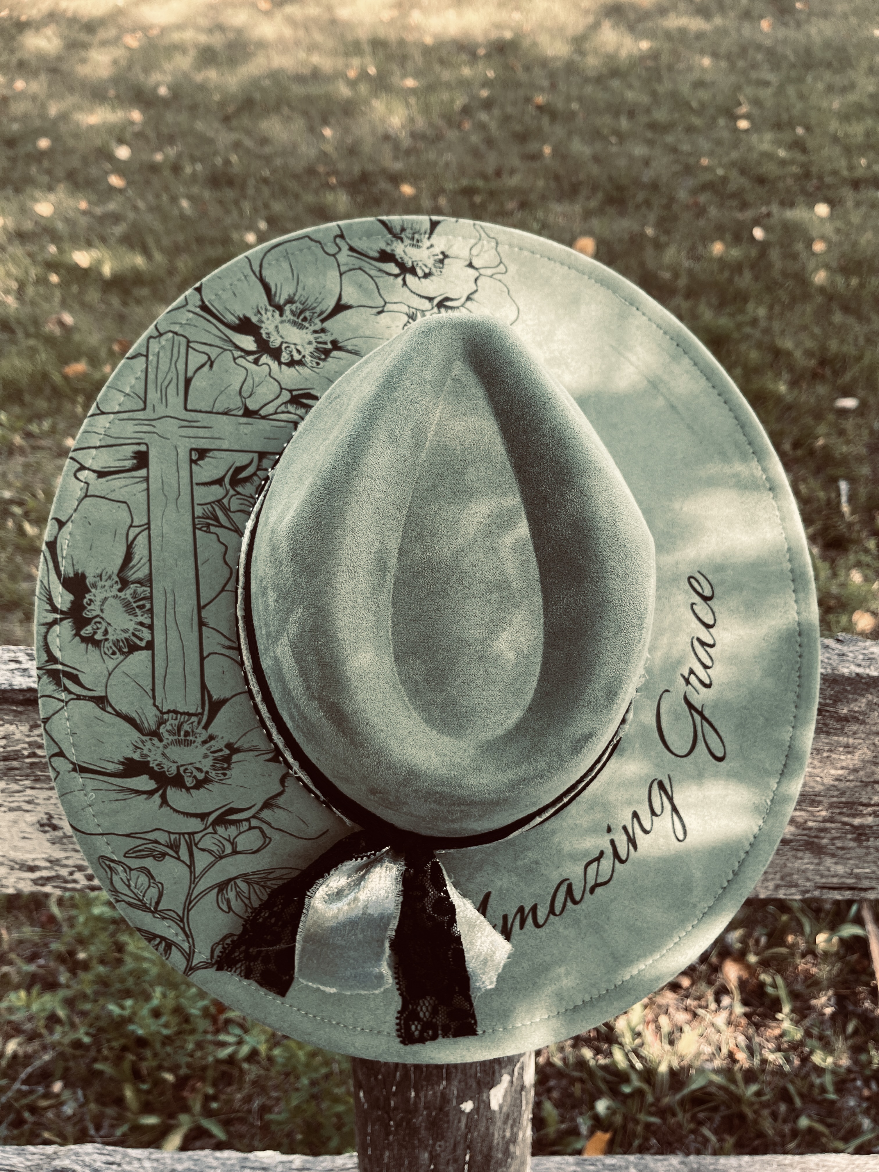 Engraved Wide Flat Brim Hat (Amazing Grace) Sage Green