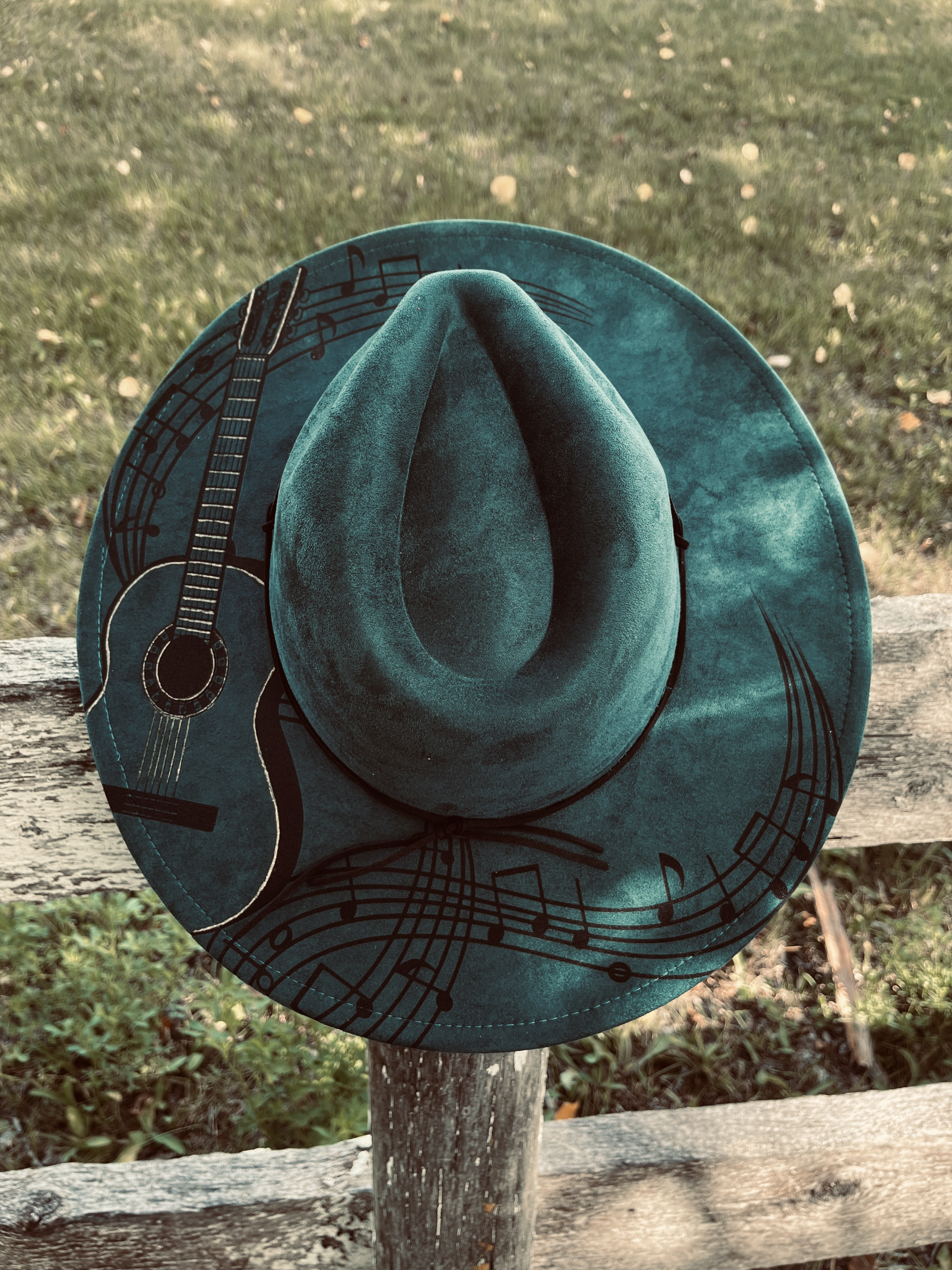 Engraved Wide Flat Brim Hat (Guitar Music) Dark Green
