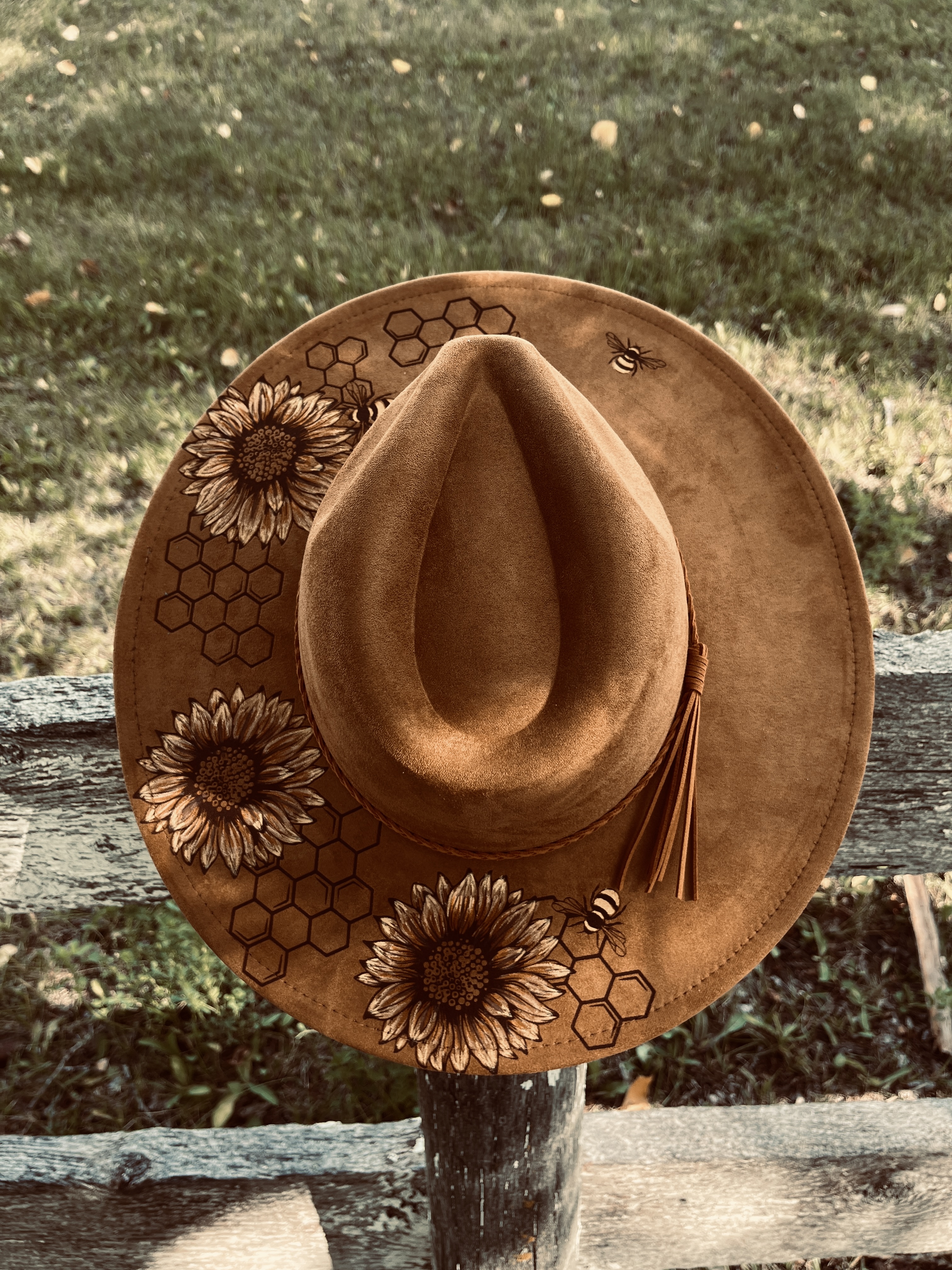 Engraved Youth Flat Brim Hat (Sunflowers, Bees and Honeycomb) in Khaki