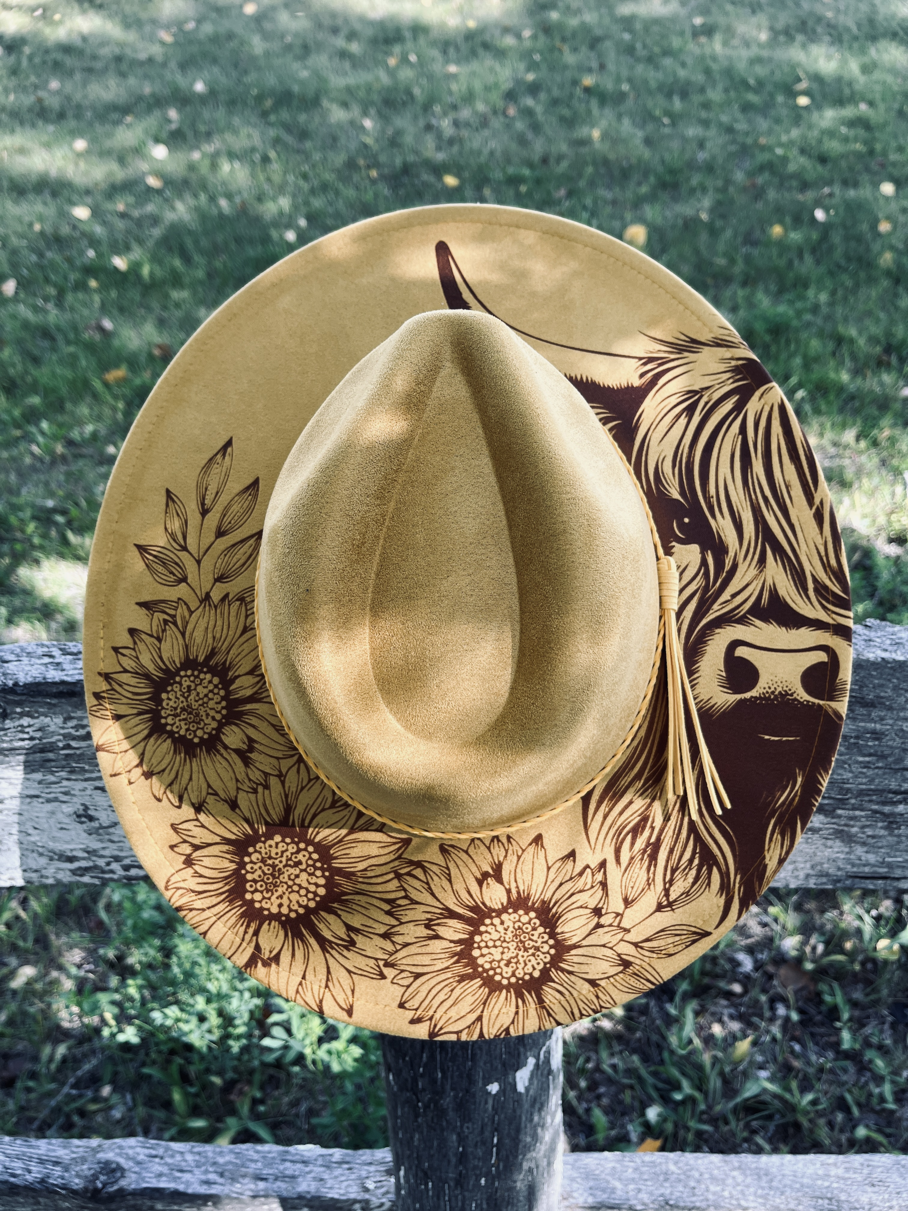 Engraved Wide Flat Brim Hat (Highland Cow and Sunflowers) Ginger Yellow