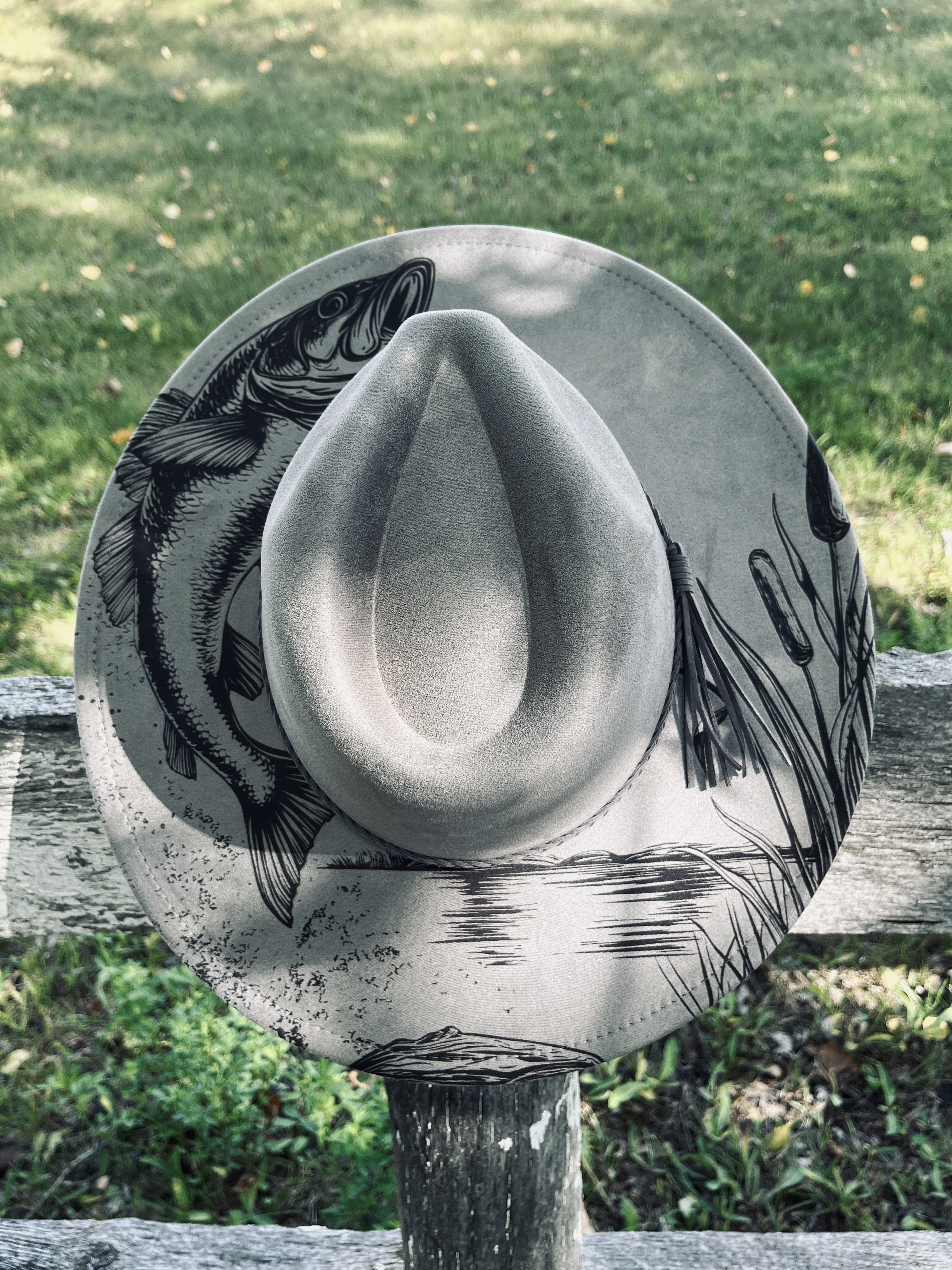 Engraved Wide Flat Brim Hat (Gone Fishing) in Grey