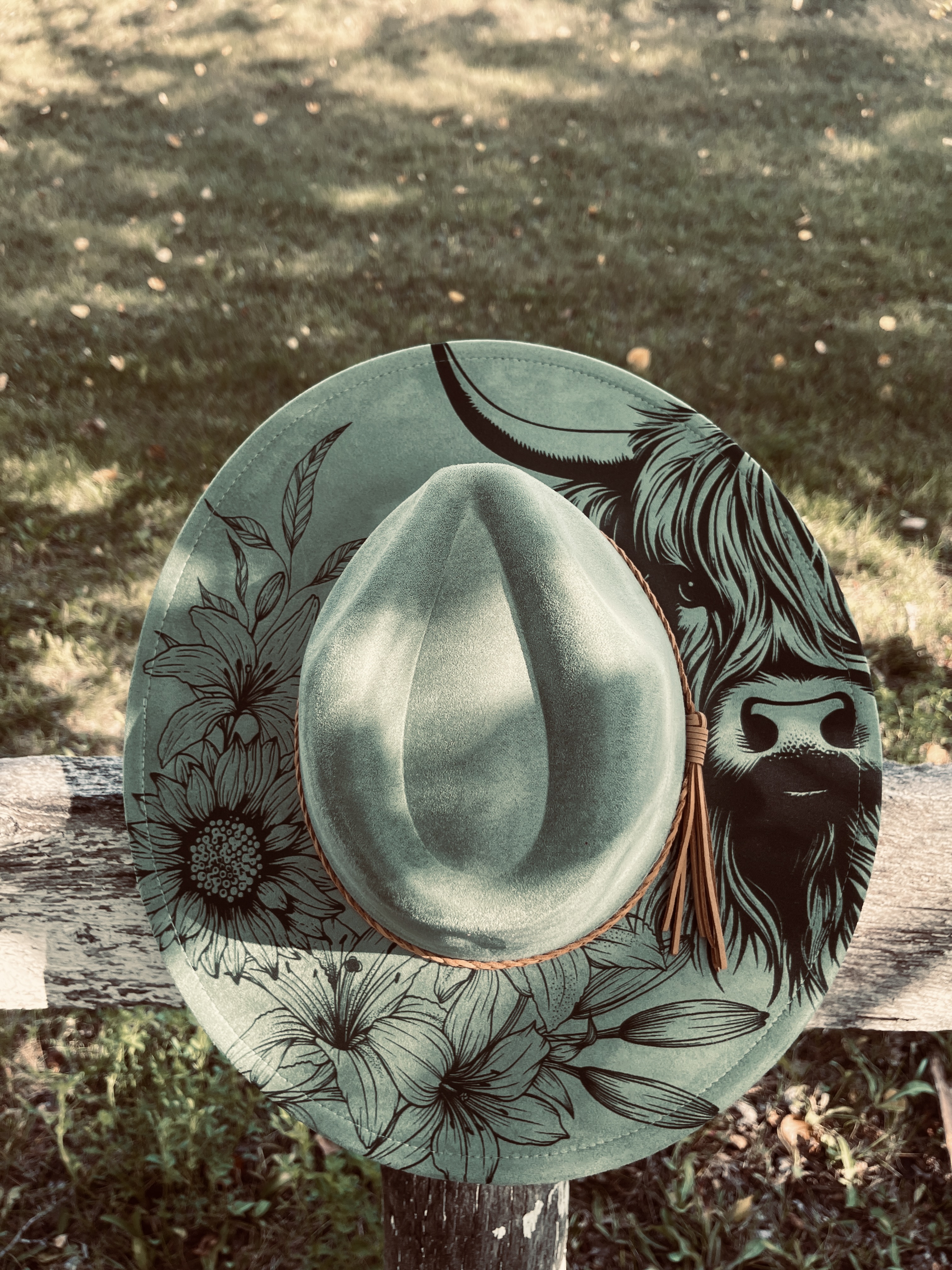 Engraved Wide Flat Brim Hat (Highland Cow, Lillies and Sunflowers) Sage Green