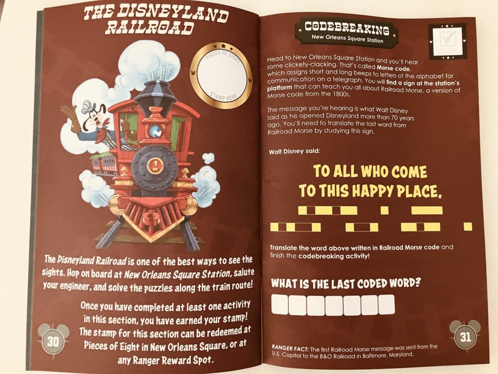 Sample of illustrated spread from Mickey’s Park Rangers Activity guide. This shows an activity based on the Disneyland Railroad and morse code, as explained in the article.