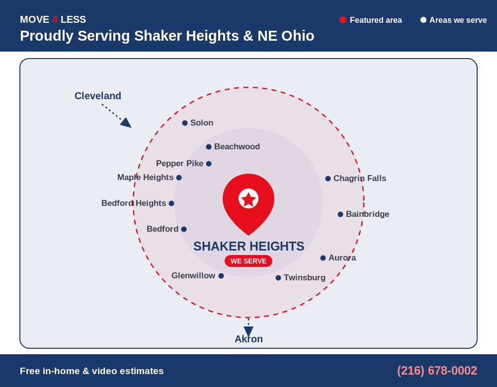 Move 4 Less service area map for Shaker Heights and Northeast Ohio