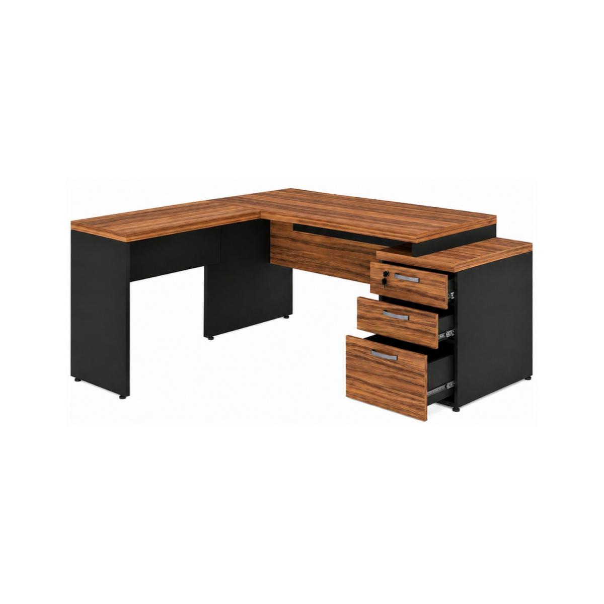 Mesa Diretor em L 192 x 160 cm com 3 Gavetas e Chave Sevilha/Preto