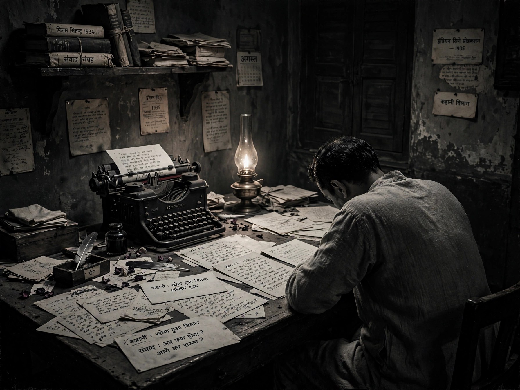 MOvie Nurture:1930 के दशक में एक फिल्म writer का कमरा — मेज पर बिखरी script, पुराना typewriter और धुंधली रोशनी