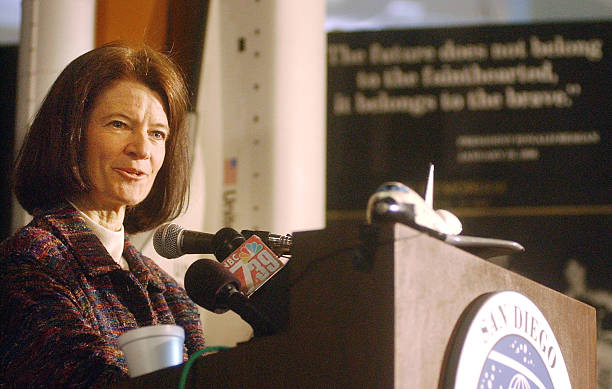 Dr. Sally Ride, the first U.S. woman to travel into space, speaks to the media at the San Diego Aerospace Museum on February 7, 2003, in San Diego, California. Ride gave her condolences to the families of the lost space shuttle Columbia astronauts as well as spoke about the future of the space program. Ride also mentioned a science festival that she sponsors for fifth and eight grade girls known as the Sally Ride Science Club. The next club festival is scheduled for February 22, 2003, in San Diego, California.  (Photo by Sandy Huffaker/Getty Images)