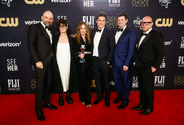 (L-R) Joaquim Dos Santos, Amy Pascal, Christina Steinberg, Phil Lord, Chris Miller and Justin K Thompson, winners of the Best Animated Feature Award for 'Spider-Man: Across the Spider-Verse,' pose in the press room during the 29th Annual Critics Choice Awards at Barker Hangar on January 14, 2024 in Santa Monica, California.
Photo Credit: Emma McIntyre/Getty Images for Critics Choice Association