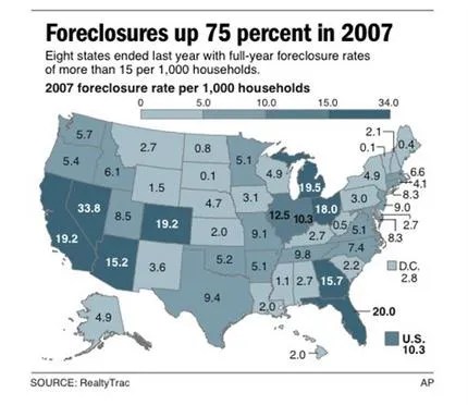 LOS ANGELES (AP) -- The number of U.S. homes that slipped into some stage of foreclosure in 2007 was 79 percent higher than in the previous year, a real estate tracking company said Tuesday. Many homeowners started to fall behind on mortgage payments in the last three months, setting the stage for more foreclosures this year. About 1.3 million homes received foreclosure-related warnings last year, up from 717,522 in 2006, Irvine-based RealtyTrac Inc. said. Foreclosure filings rose 75 percent from the previous year to 2.2 million. More than 1 percent of all U.S. households were in some phase of the foreclosure process last year, up from about half a percent in 2006, RealtyTrac said. Photo Credit: RealityTrac