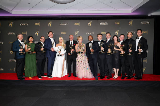 Clay Newbill, Sun Lingner, Max Swedlow, Mark Cuban, Lori Greiner, Kevin O'Leary, Barbara Corcoran, Daymond John, Robert Herjavec, Brandon Wallace, Becky Blitz, Shaun Polakow, Shawn Aly, and Andrew Kimmel at day 1 of the 76th Creative Arts Emmy Awards held at the Peacock Theater on September 7, 2024 in Los Angeles, California. Photo by JC Olivera/Variety via Getty Images