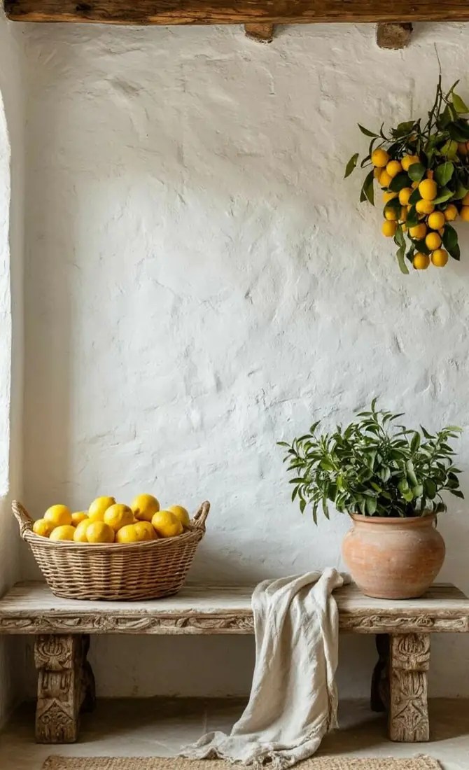 Lemons in a basket on a limewashed finca bench, Mallorca