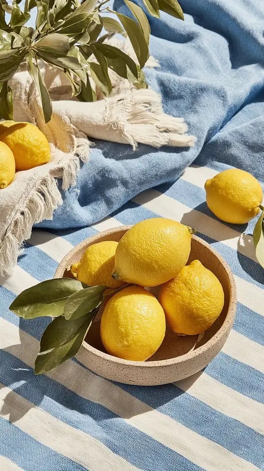 Lemons in a stoneware bowl on a striped beach towel, Mallorca