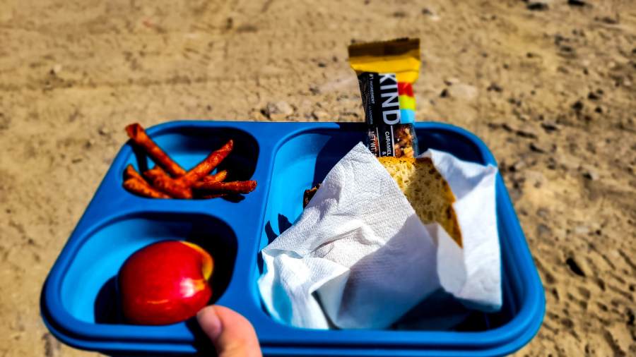An red apple, takis, a kind bar and a sandwhich wrapped in a white paper towel in a blue container held above a dirt parking area. Visiting Racetrack Playa in Death Valley. MPA Project Travels.