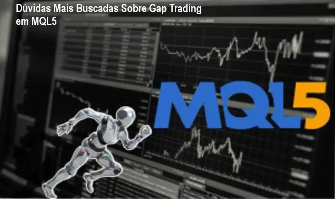 Imagem ilustrando uma plataforma MQL5 com exemplos práticos de estratégias automatizadas baseadas em gap trading, destacando a interface intuitiva e o suporte a backtest.