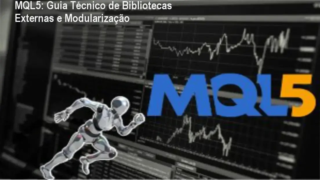 Interface de programação do MQL5 demonstrando a integração de bibliotecas externas e modularização de código