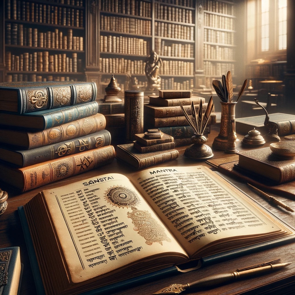 A scholarly library setting showcasing a few open books displaying Sanskrit mantras Yoga Überlingen am Bodensee