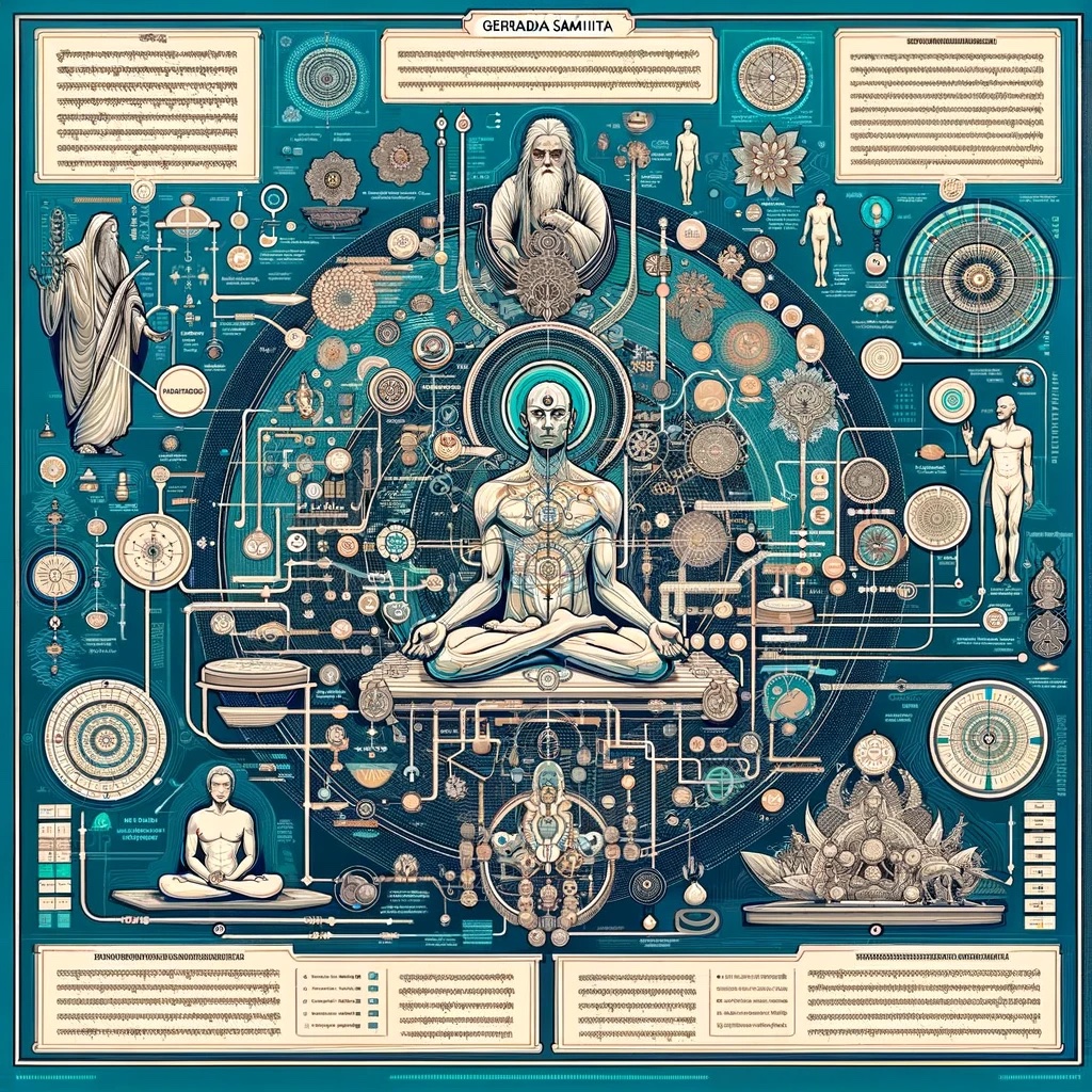 A technical illustration for the text about the 'Gheranda Samhita', a classic Hatha Yoga text. The image should visually represent the interconnection Yoga Überlingen