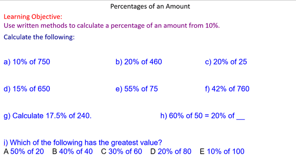 These worksheets also cover calculating . Percentages Of An Amount Non Calculator Methods