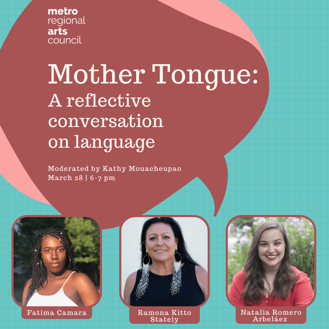 Graphic detailing Mother Tongue: a reflective conversation on language with headshots of 3 panelists
