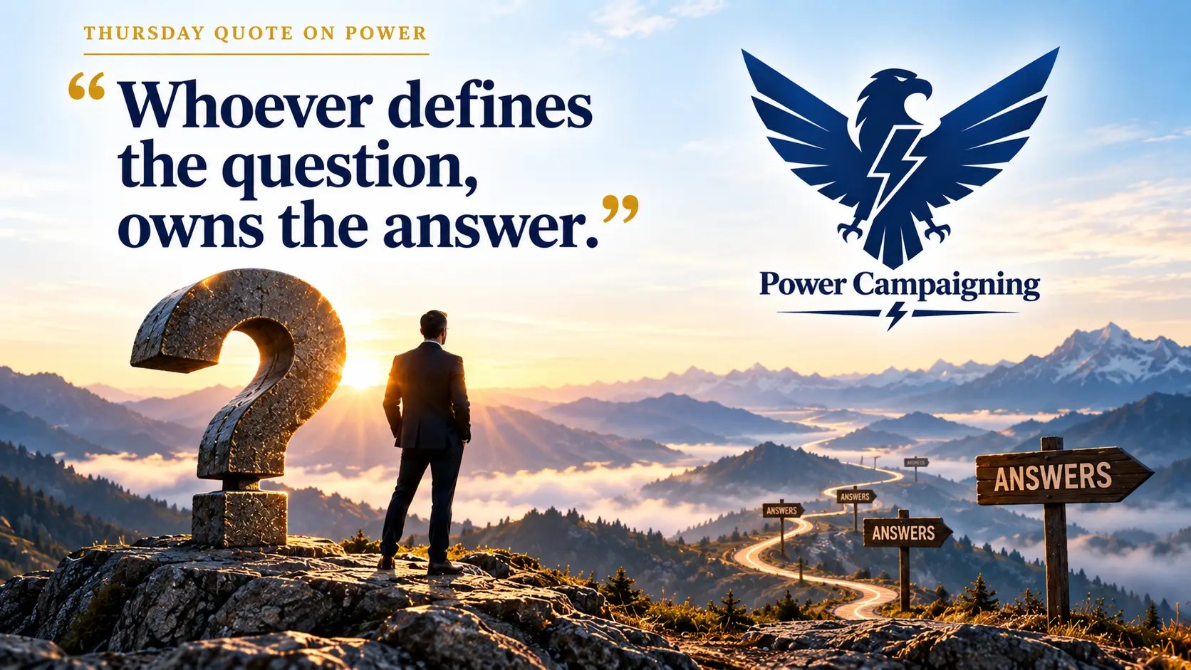 **Alt text:** Landscape feature image for «Thursday Quote on Power» with the quote «Whoever defines the question, owns the answer.» A man stands beside a large question mark overlooking a mountain landscape, while a winding road leads towards several signposts marked «ANSWERS». The image symbolises agenda-setting and framing: whoever determines the question defines the field in which others must seek their answers. At the top right is the blue Power Campaigning eagle with lightning bolt.
