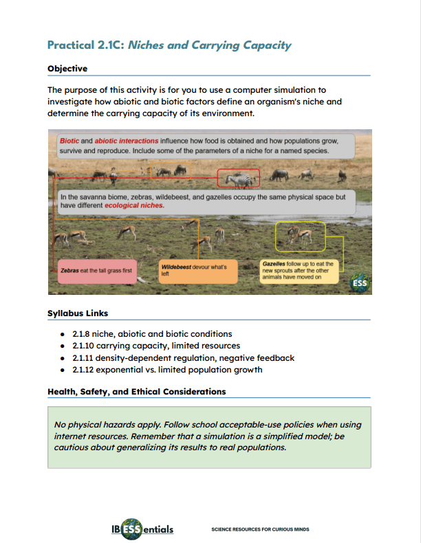 PSOW - Practical 2.1C Niches and Carrying Capacity with Teacher's Notes