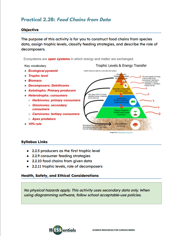 PSOW - Practical 2.2B Food Chains From Data with Teacher's Notes