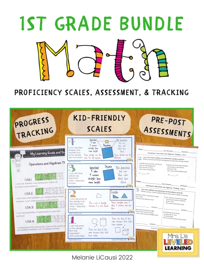 First Grade Math Proficiency Scales Bundle First Grade Math Proficiency Scales Bundle Cover , Image showing Progress Tracking, Kid-Friendly Scales, and Pre-Post Assessment images and sub-titles. Marzano Framework