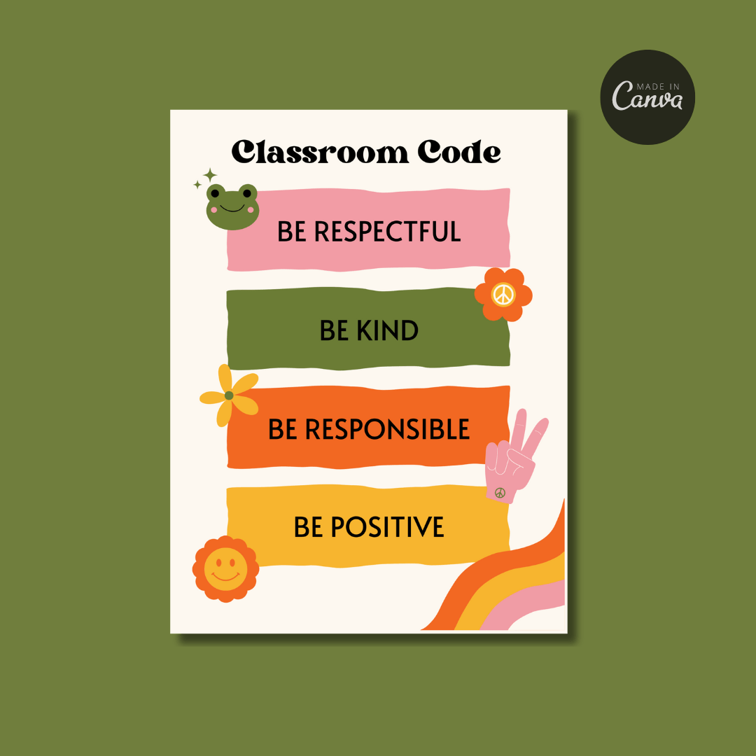 retro styles classroom code with the words be respectful be kind be responsibility be positive listed in rectangular shapes