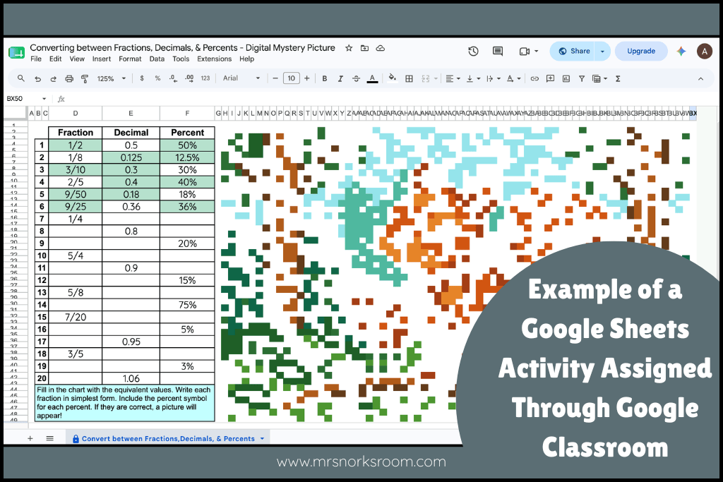 Example of a Google Sheets activity assigned through Google Classroom