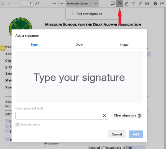 Picture of Digital Signing Form.