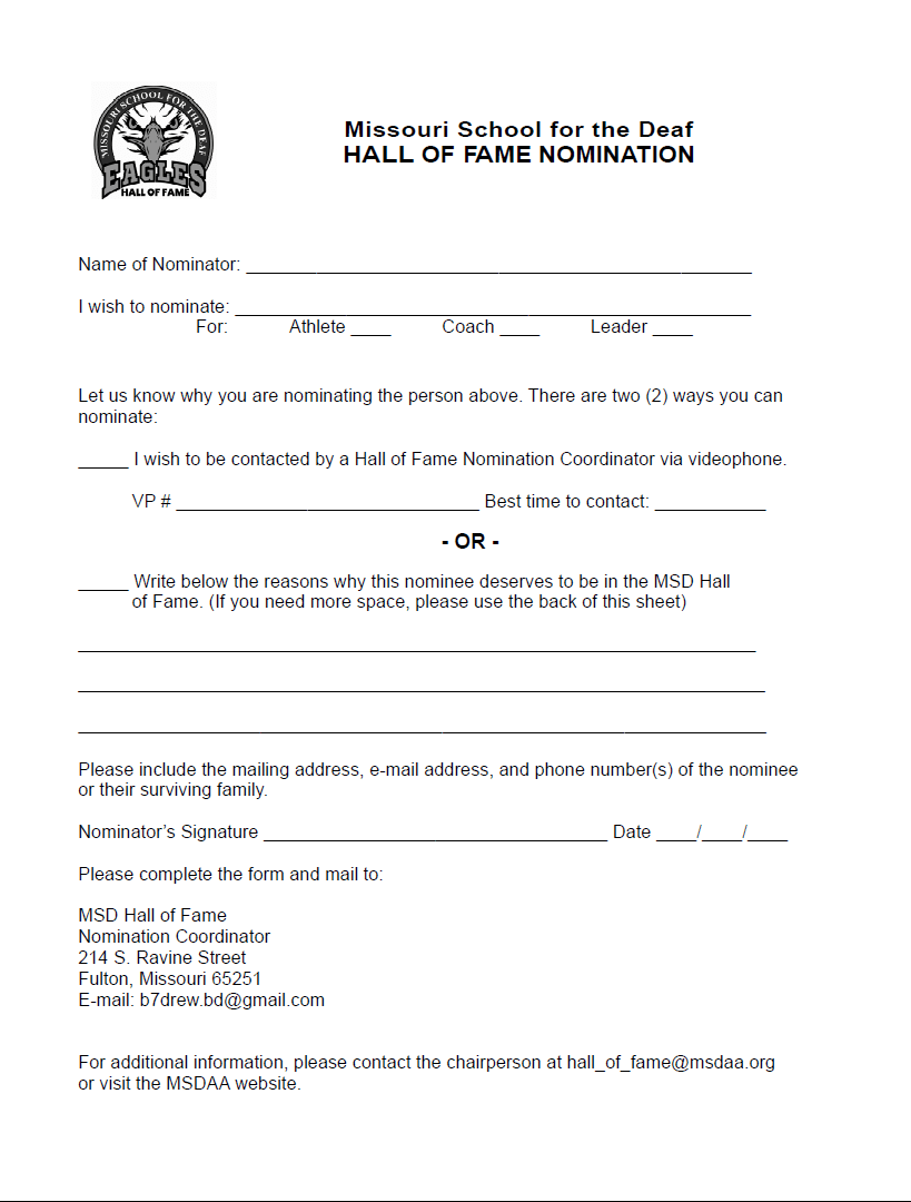 Picture of MSDAA Hall of Fame Nomination Form