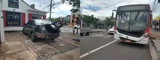 Batida entre ônibus e Corolla destrói traseira do carro em faixa exclusiva em Campo Grande