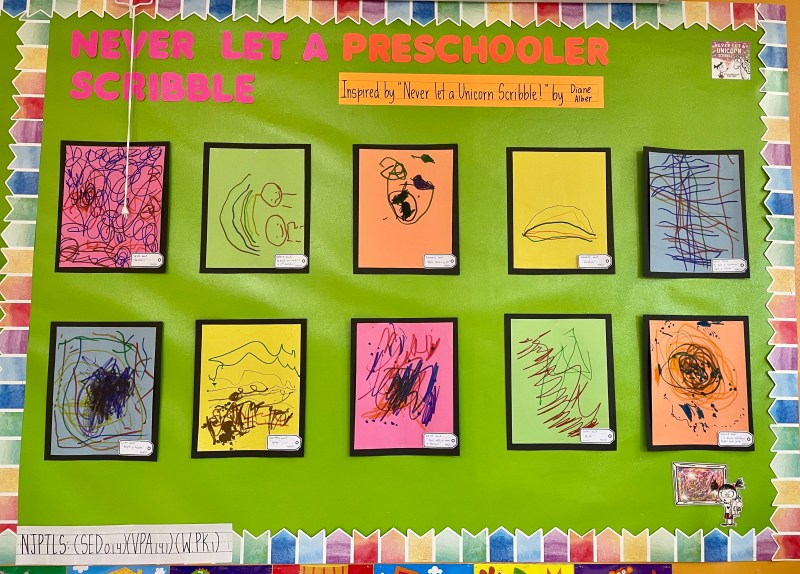 Back to School Pre-K bulletin board ideas inspired by Never Let a Unicorn Scribble! by Diane Alber.