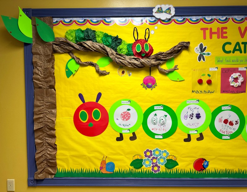 Interactive preschool bulletin board ideas inspired by The Very Hungry Caterpillar