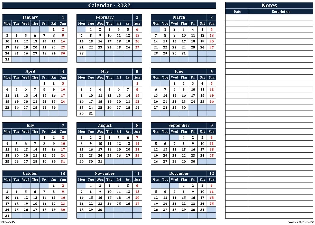 Calendar 2022 Monday Start With Notes