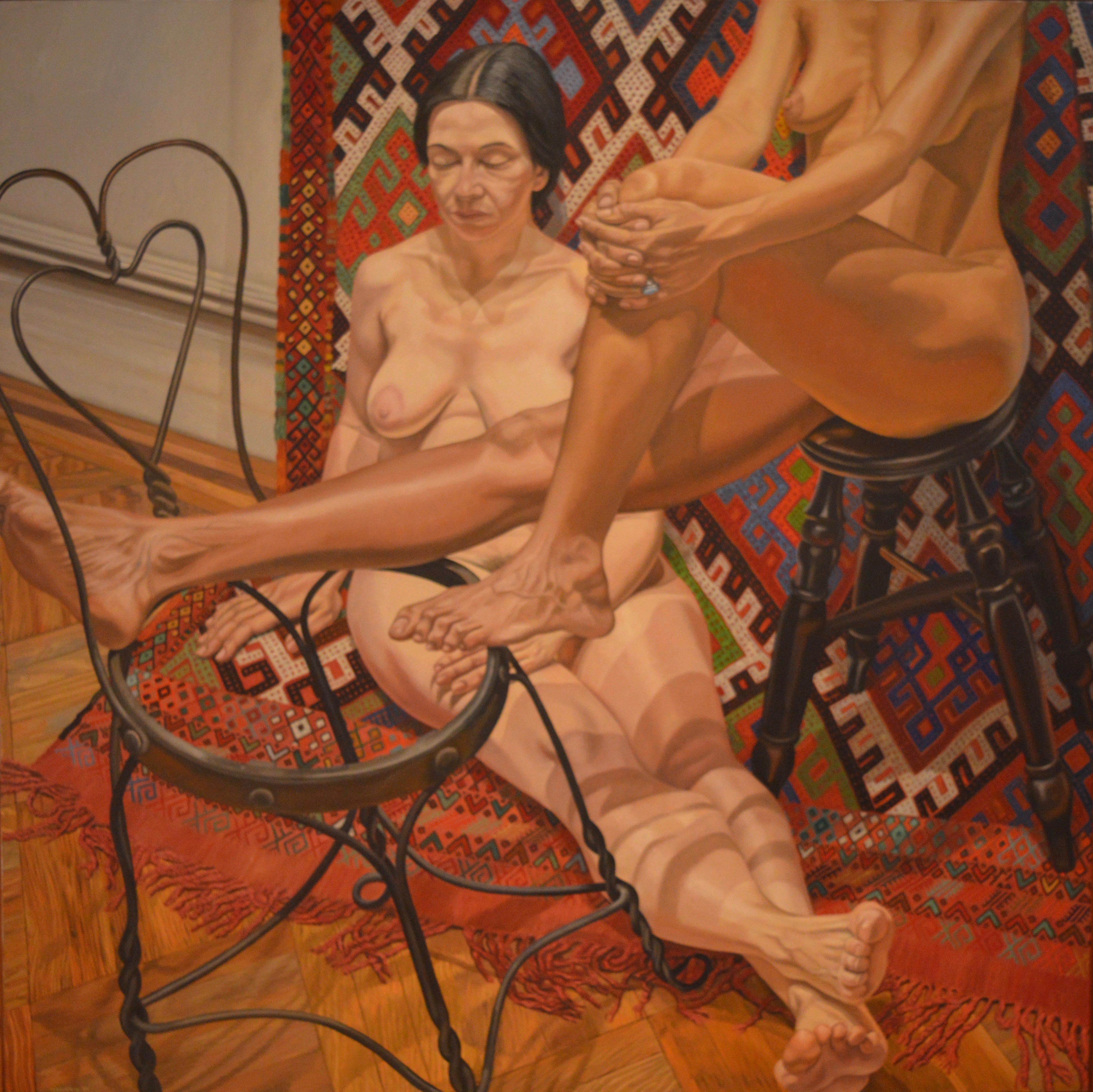 Two Models With Bent Wire Chair & Kilim — Phillip Pearlstein
