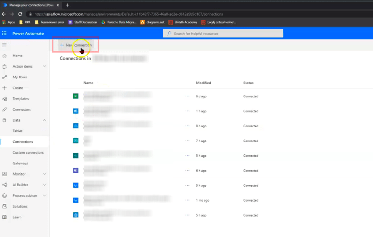 adding a new connection in Microsoft Power Automate