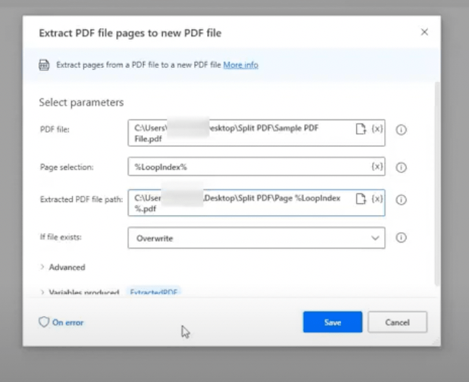 Changing the extracted PDF file path of the Extract PDF files action to Page %LoopIndex%.pdf