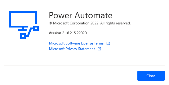 Display of the version of Microsoft Power Automate for Desktop that is installed on your device