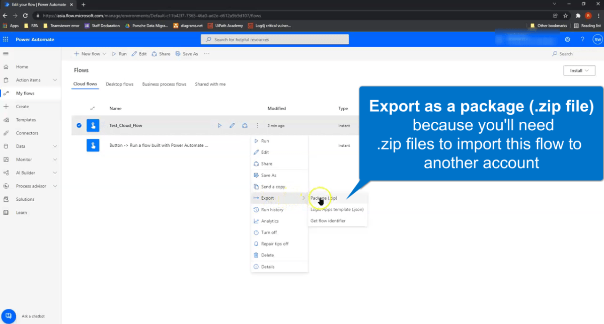 How to access the option to export a Microsoft Power Automate flow. 