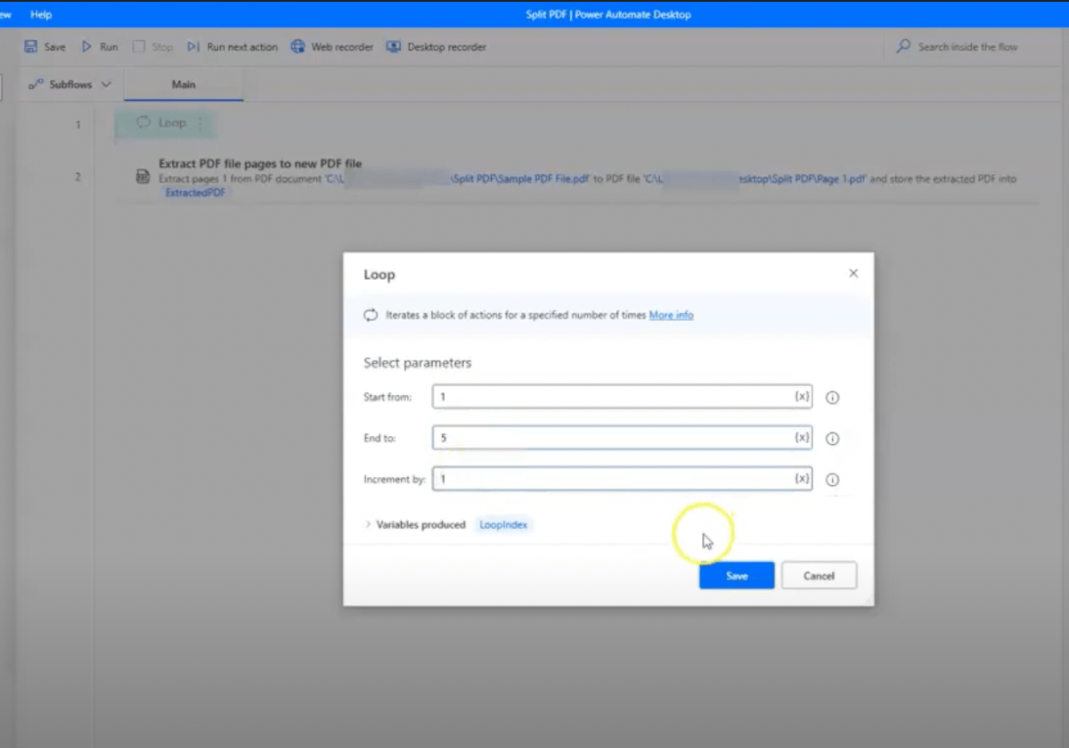 Setting up a loop in Microsoft Power Automate for Desktop to repeat the split PDF action steps described previously.