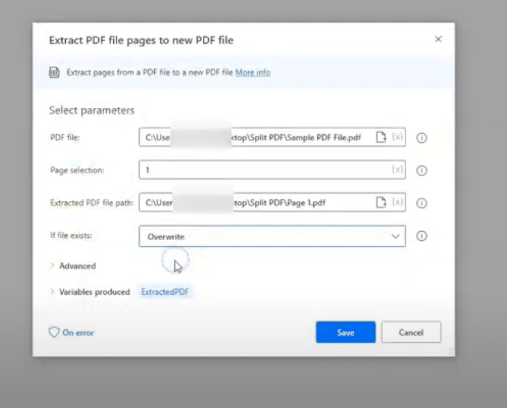 The Extract PDF file pages to new PDF file action with the right options selected